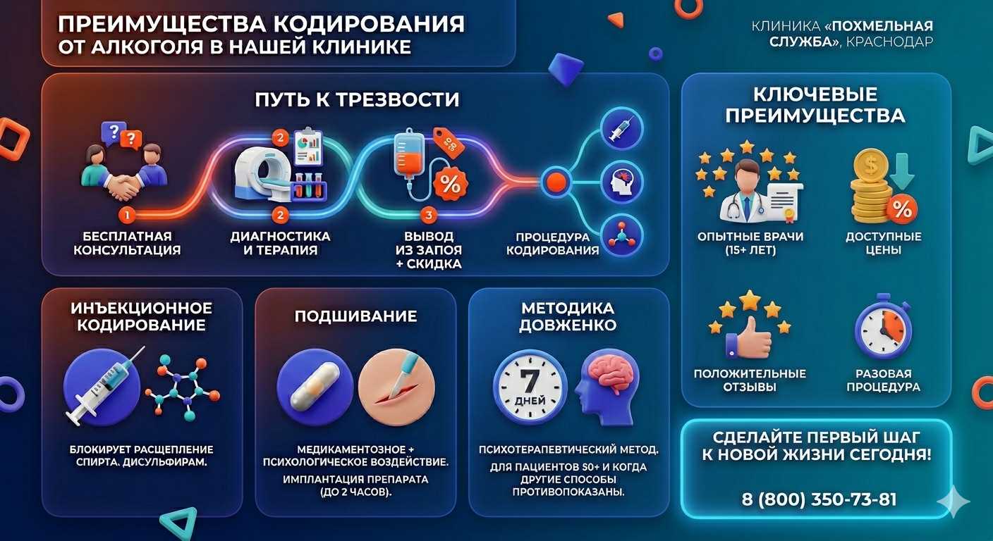 Инфографика о методах кодирования от алкоголя в Ахтубинске: инъекции, подшивание, метод Довженко. Преимущества клиники и этапы лечения.